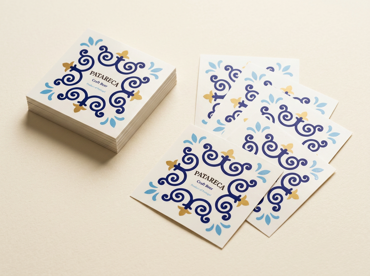 Square Patareca azulejo stickers fanned out on cream paper